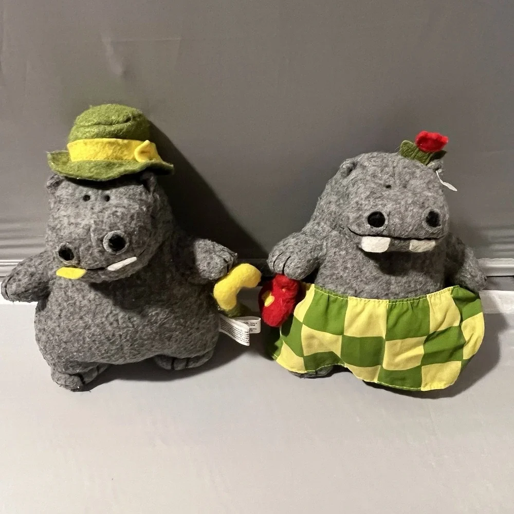Vintage Crocodile Creek George and Martha Hippo Beanbag Felt Plush Toys Set 1999